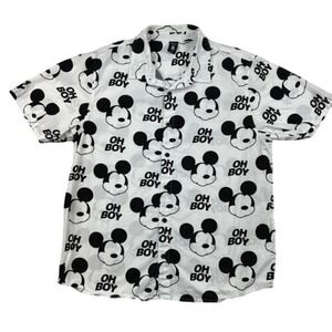 Disney Neff Shirt Mens XL Mickey Mouse Oh Boy White Black Button‎ Up Tee